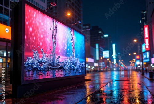 Obraz na płótnie City Billboard Water Splash. Illuminated billboard in a city at night displaying a vibrant water splash image with wet street reflection. w salonie