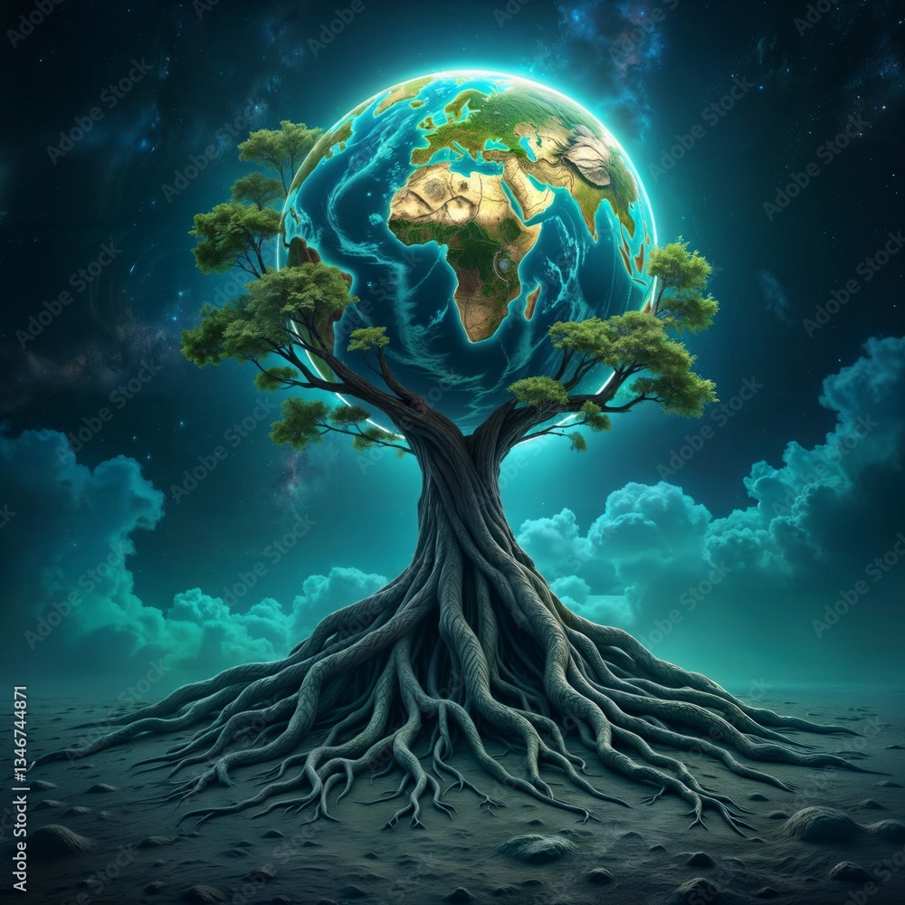 Earth tree concept. Surreal digital artwork of planet Earth growing atop large tree with sprawling roots against teal sky background.