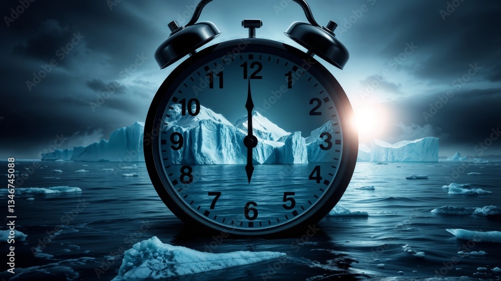 Time running out. Conceptual climate crisis image showing giant alarm clock with melting icebergs. Symbolizes urgency of global warming and environmental emergency.