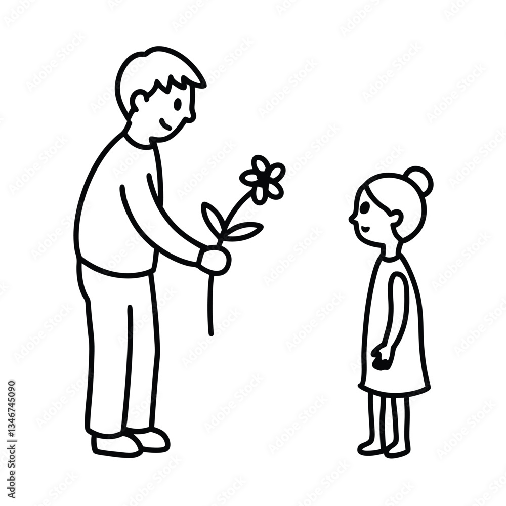 Father gives daughter a flower, simple line drawing illustration Father gives daughter a flower, simple line drawing illustration