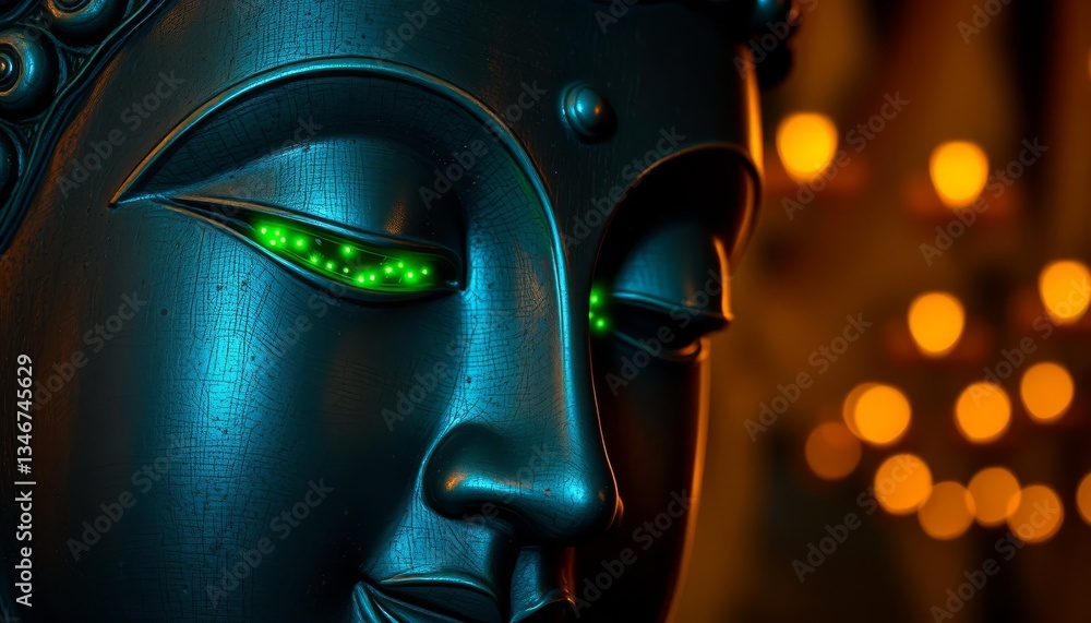 Dramatic Buddha Face Close-up. Artistic close-up of Buddha face with dramatic lighting and dark background. Modern interpretation.