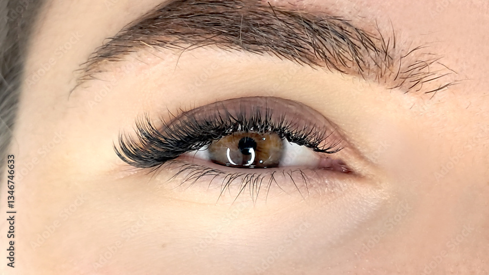 Fototapeta premium Close up of eye with eyelash extensions ,beauty salon treatment ,2d volume