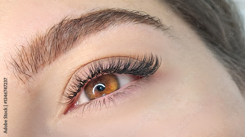 Obraz premium Close up of eye with eyelash extensions ,beauty salon treatment ,2d volume