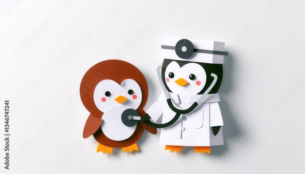 Fototapeta premium Playful illustration of a penguin doctor and its cute patient in a whimsical setting