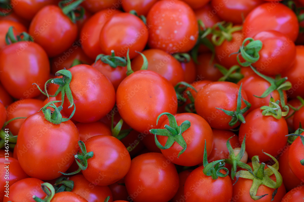 Fresh red tomatoes gathered together in a vibrant display at a local farmer's market during summer months Fresh red tomatoes gathered together in a vibrant display at a local farmer's market during summer months
