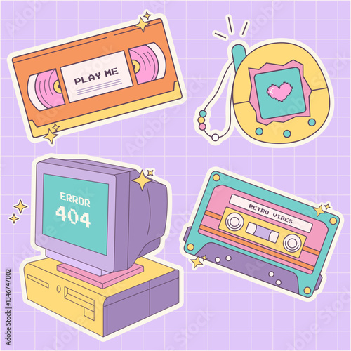 Stickers in trendy retro y2k style. Kawaii elements set. Glamour 2000s. Nostalgia for 1990s -2000s.Vector illustration
