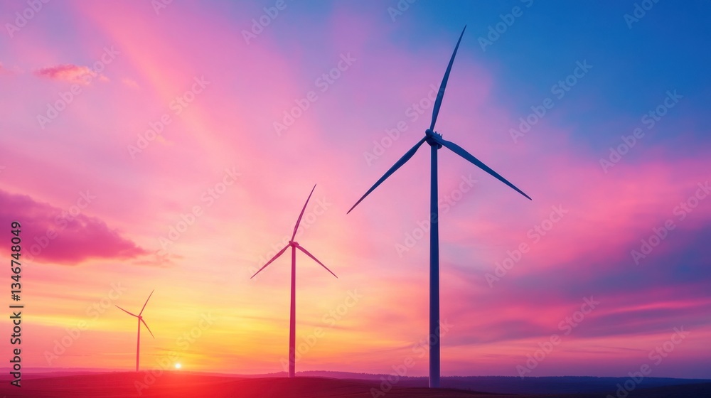 Fototapeta premium Majestic Sunset Over Wind Turbines with Colorful Sky and Silhouettes in Tranquil Landscape