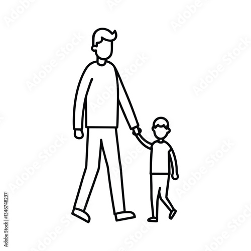 Father and Son Walking Together, Holding Hands, Simple Line Art