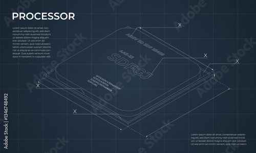 Isometric processor blueprint. Central processing unit or CPU. Computer hardware components. Semiconductor technology concept. Vector illustration