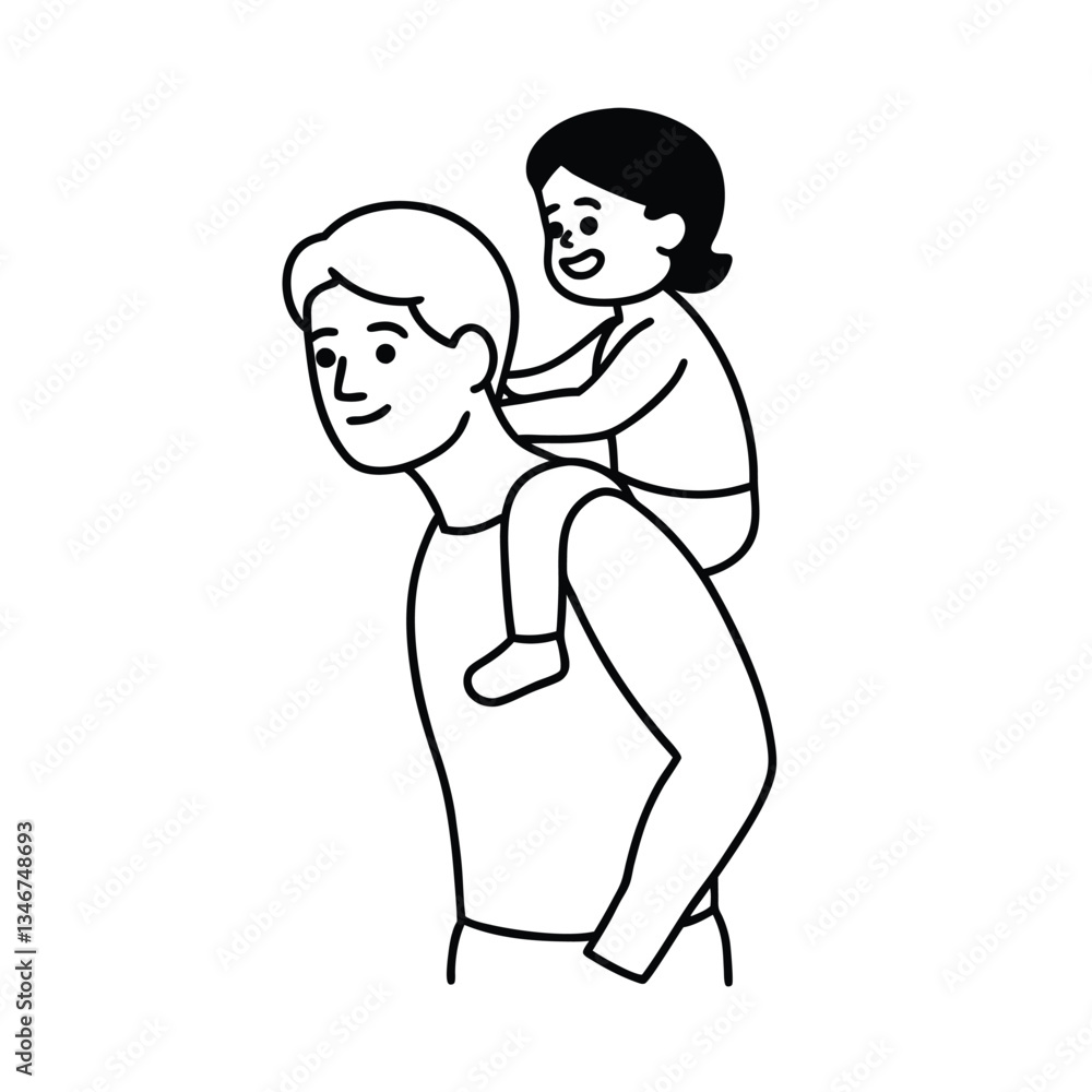 Happy Father Daughter Piggyback Ride, Simple Line Art Illustration Happy Father Daughter Piggyback Ride, Simple Line Art Illustration