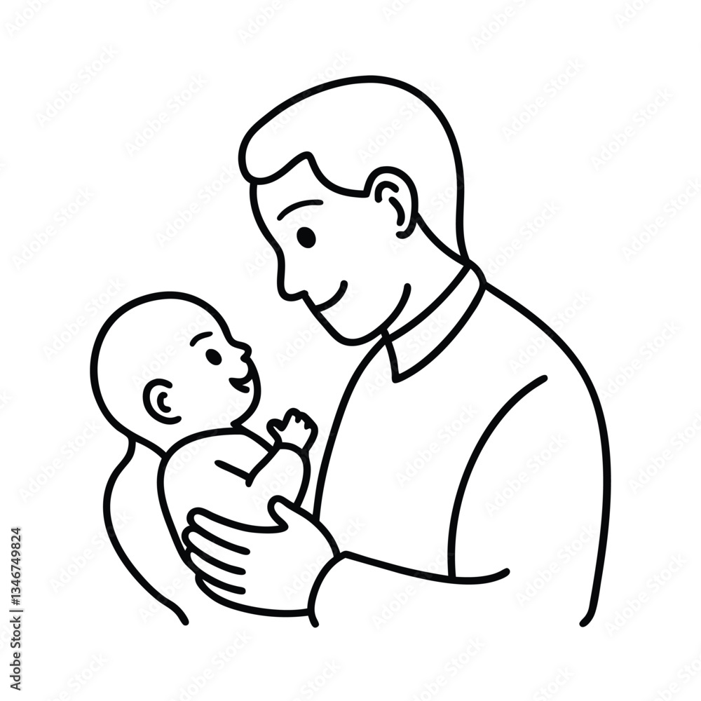 Loving Father Gently Holding Newborn Baby Illustration Line Art Loving Father Gently Holding Newborn Baby Illustration Line Art