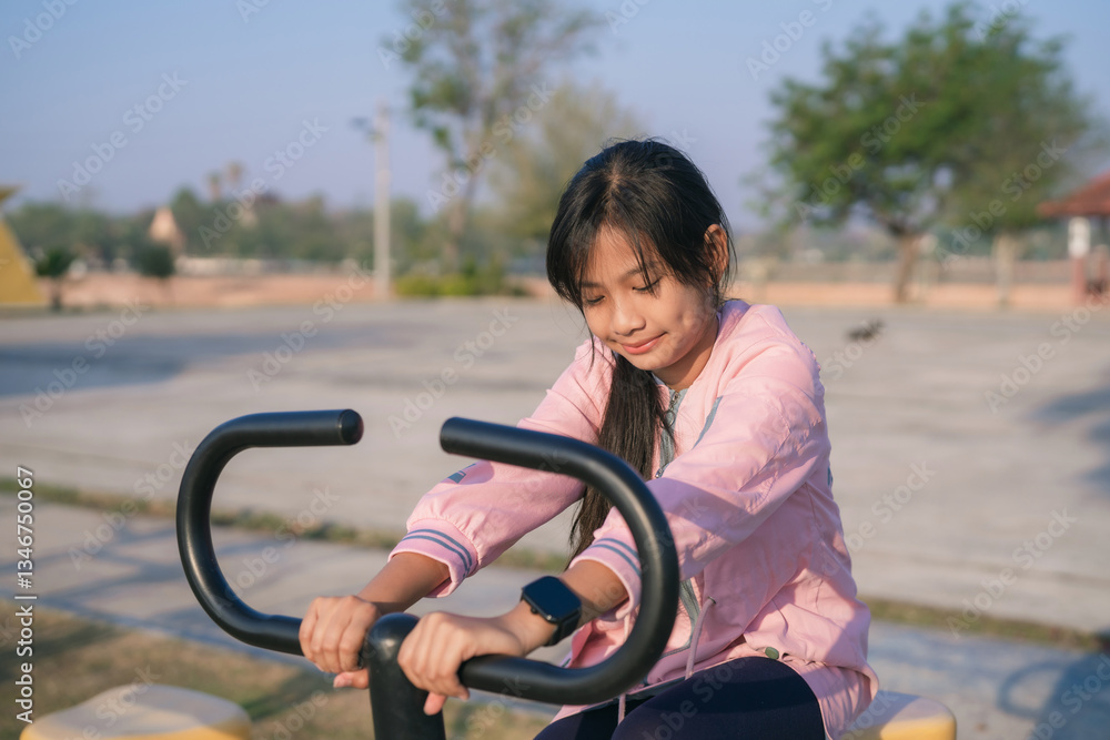 Obraz premium .smiling young asian woman is exercising on a play equipment at the park. Health care concept.