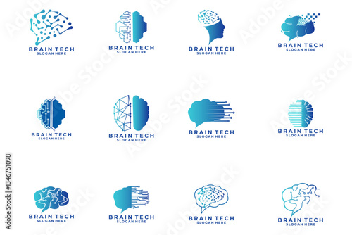 Set of Brain tech logo design vector template