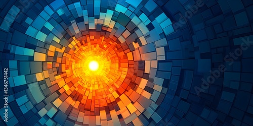 Abstract Circular Mosaic Background with Blue and Orange Colors and Light Effect. 