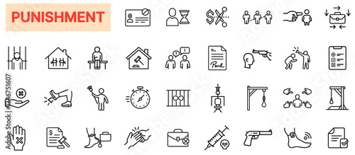 Punishment & Law Enforcement Icon Set – Criminal Justice, Penalty, Court Verdict, Prison, Fine, Capital Punishment, Detention, Sentencing, Legal System, Disciplinary Action