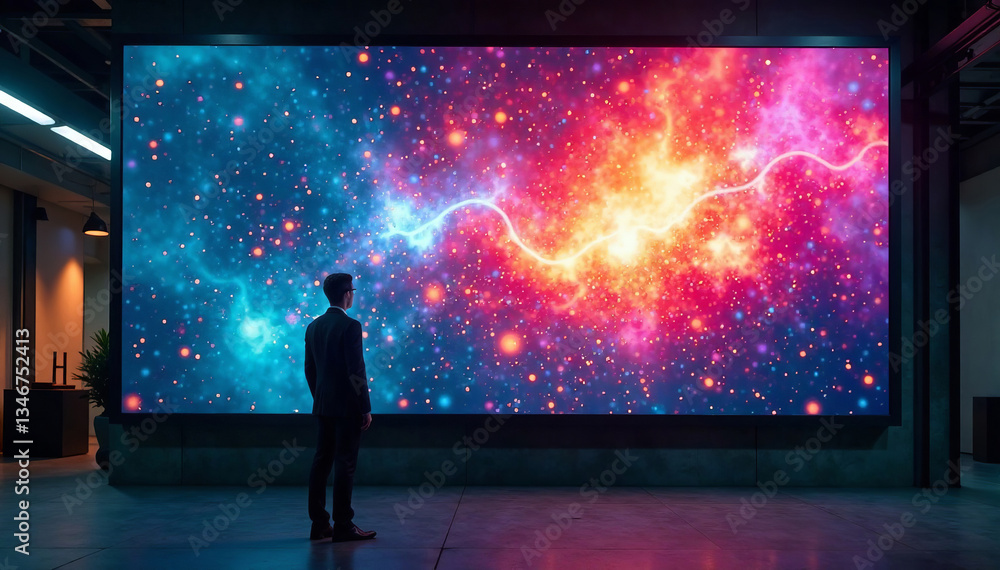 Fototapeta premium A businessman gazing at a mesmerizing cosmic display on a large digital screen.