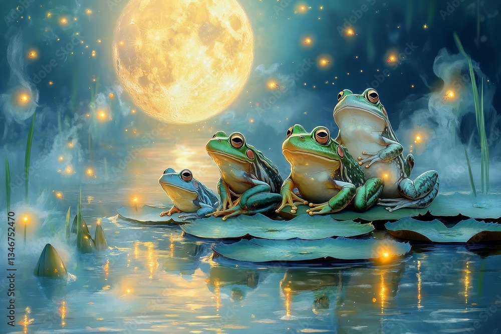 Mystical Moonlit Frog Chorus, Frog and lily pads