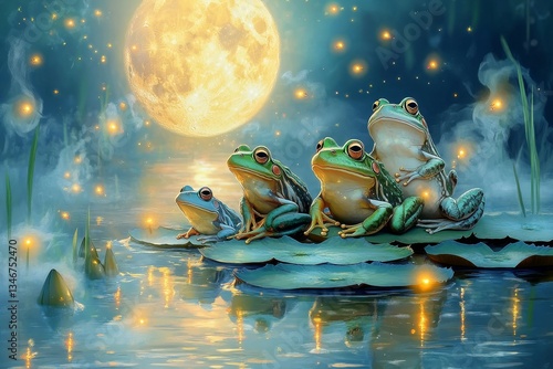 Obraz na płótnie Mystical Moonlit Frog Chorus, Frog and lily pads w salonie