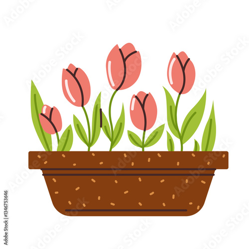 Young tulips in peat biodegradable pots. The spring garden. Vector illustration in a flat style, isolated on a white background