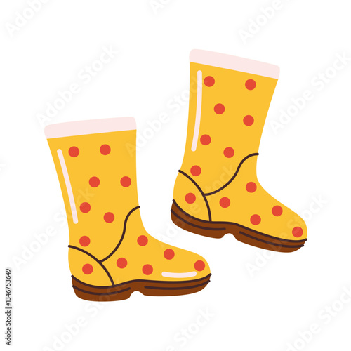 Yellow work rubber boots with polka dots. Waterproof seasonal shoes. Vector graphic illustration in flat style, isolated on a white background