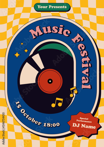 Music party festival promotional poster template design. Vinyl record modern vintage retro style with checkerboard pattern background