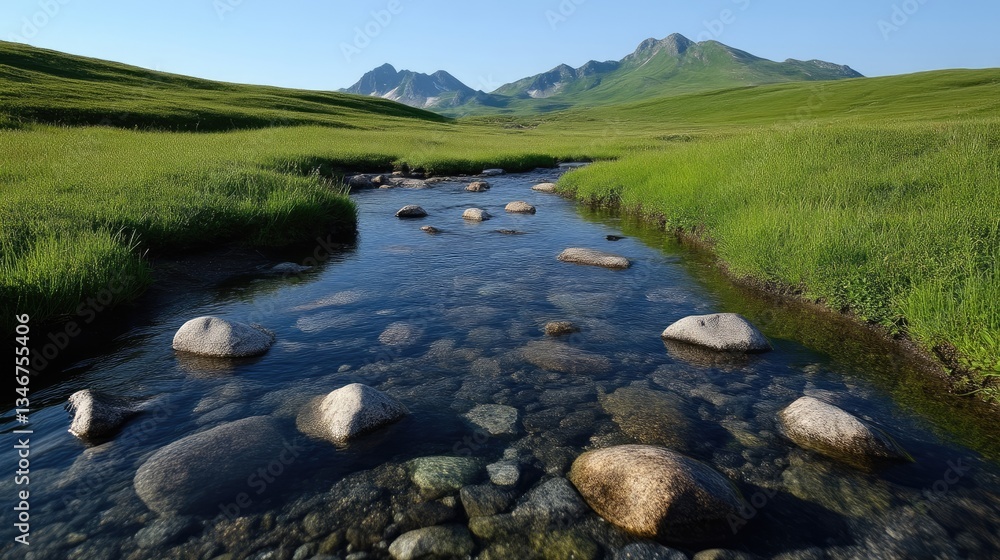 Crystal-clear stream winding through lush green meadow, mountains in the background Crystal-clear stream winding through lush green meadow, mountains in the background