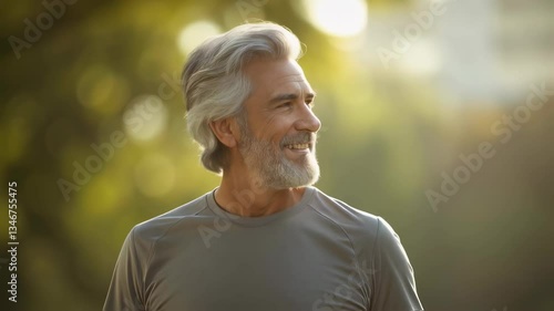 Smiling senior man jogging outdoors in park, lifestyle footage, healthy aging concept, for fitness videos, promotional use, blurred background