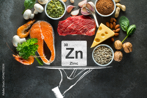 Composition with Foods High in Zinc. Healthy foods containing Zinc. Top view.