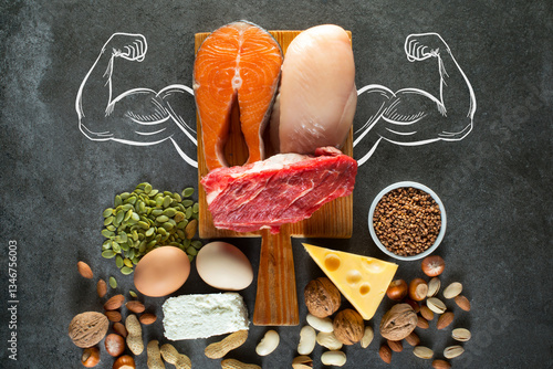 Composition with high protein food. Diet for for body builders. Top view.