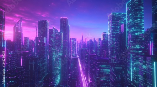 Wallpaper Mural Futuristic Cityscape at Dusk with Glowing Neon Lights and Vibrant Gradient Sky Torontodigital.ca