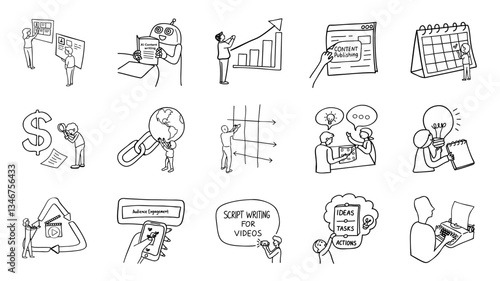 series of hand drawn depicting various stages of content creation, including planning, publishing, and engagement