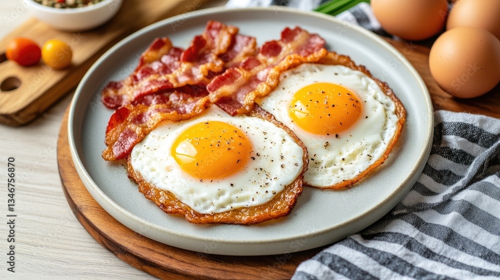 Sunny side up eggs topped with crispy bacon and chives create a vibrant breakfast dish showcased in an upscale dining atmosphere Sunny side up eggs topped with crispy bacon and chives create a vibrant breakfast dish showcased in an upscale dining atmosphere