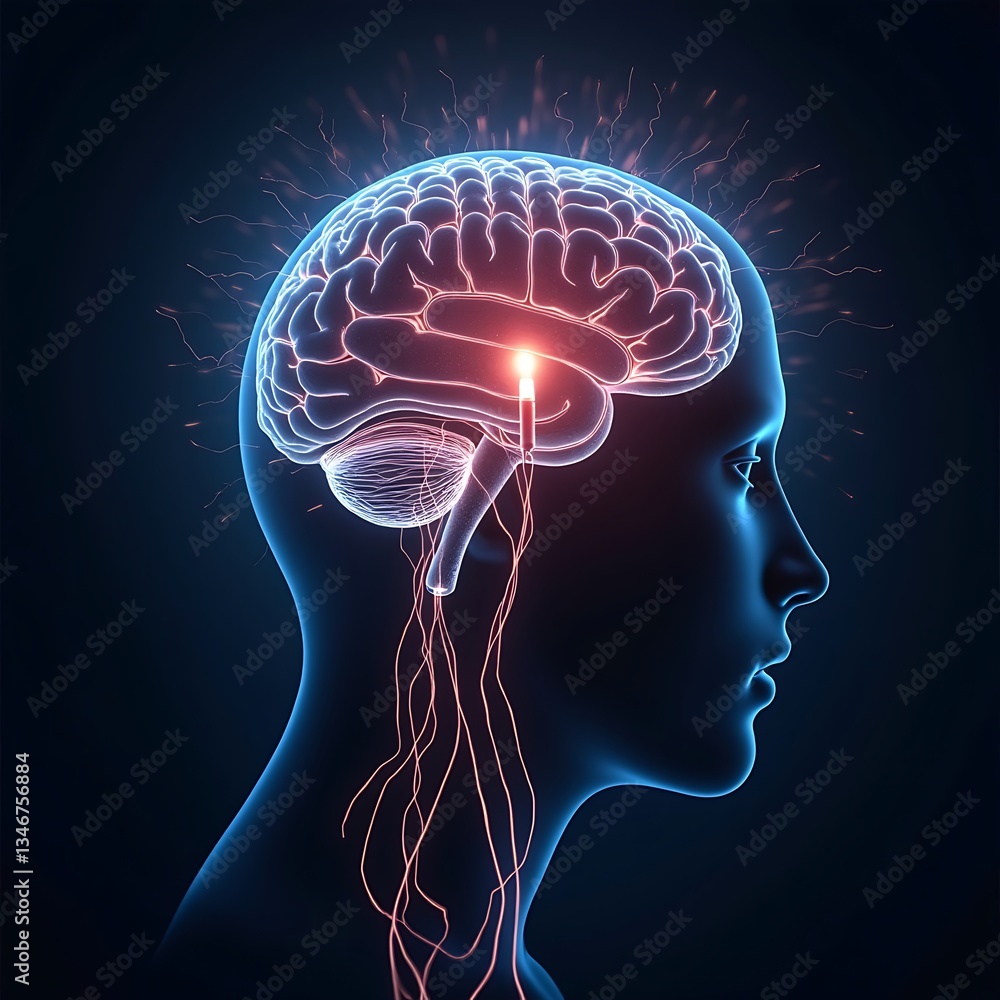 A 3D human head silhouette reveals a blue brain, an abstract illustration of thought and intelligence A 3D human head silhouette reveals a blue brain, an abstract illustration of thought and intelligence