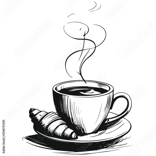 cup of coffee with croissant sketch illustration