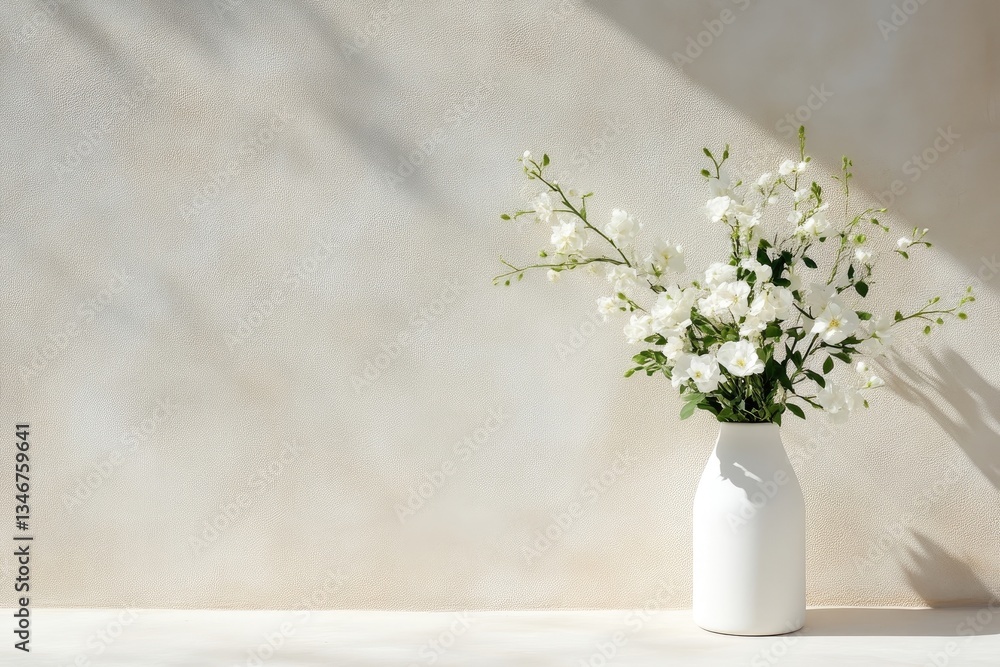 Naklejka premium Delicate white flowers in a simple vase against a beige backdrop. Soft sunlight casts gentle shadows