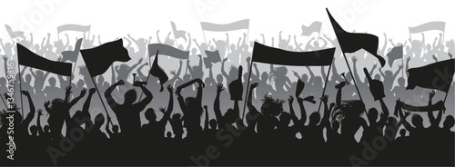 Supporters in blue colors for sports background, flat silhouette design. Male and female fans with hands in the air, holding banners, flags, scarfs and trumpets. Three layered Vector Design