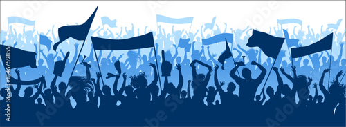 Supporters in blue colors for sports background, flat silhouette design. Male and female fans with hands in the air, holding banners, flags, scarfs and trumpets. Three layered Vector Design