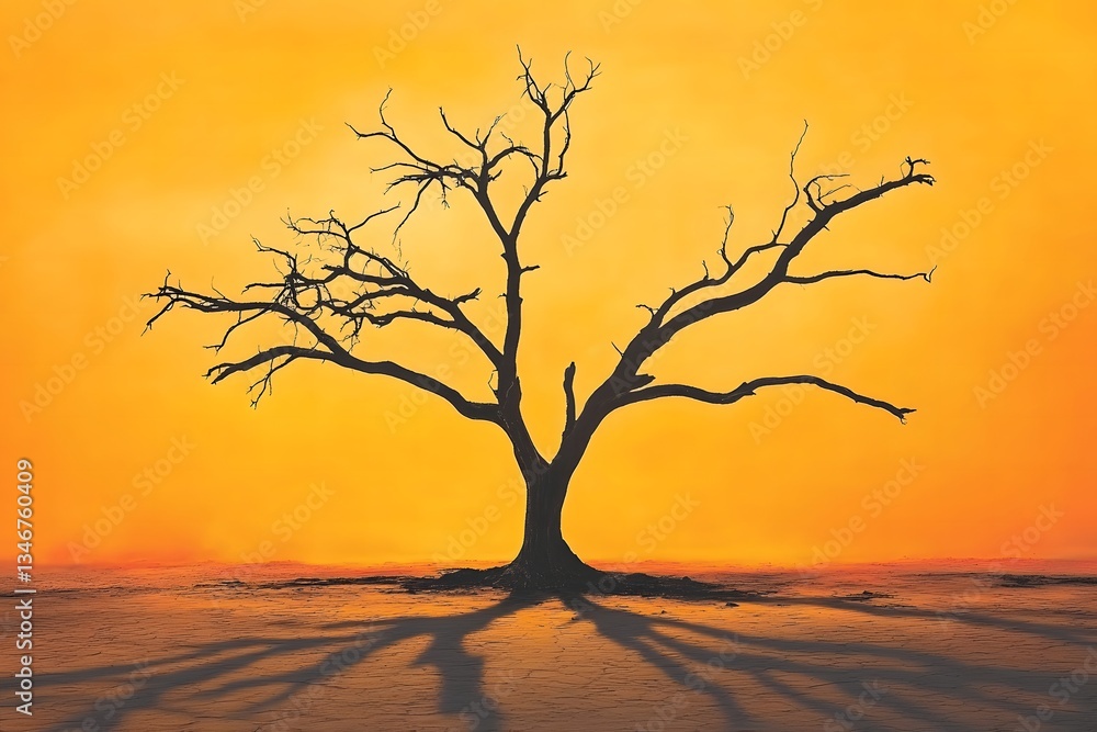 A single, scorched tree against a fiery orange sky, casting long shadows on the ground below as a wildfire continues to rage. A single, scorched tree against a fiery orange sky, casting long shadows on the ground below as a wildfire continues to rage.