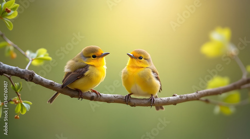 A group of cheerful little birds perched on a branch, singing joyfully in the warm sunlight of a lively spring park.