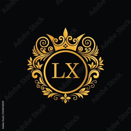 Golden LX Monogram Logo with Crown and Ornate Frame