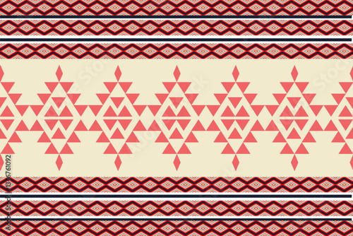 Geometric and Ethnic Fabric Design with Red Triangles and Diamond Patterns