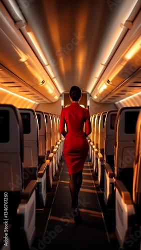 Flight Attendant in Airplane Cabin at Sunset