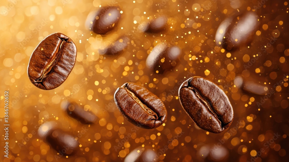 Suspended coffee beans in warm glow a dance of motion and depth Suspended coffee beans in warm glow a dance of motion and depth