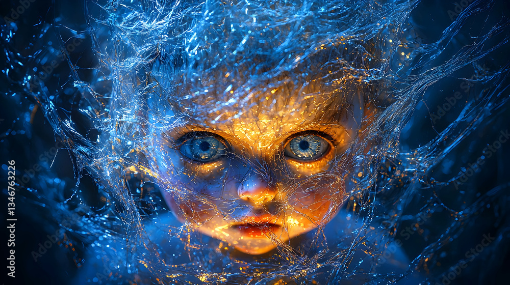 Surreal Portrait of a Doll with Glowing Blue and Gold Particles Surreal Portrait of a Doll with Glowing Blue and Gold Particles