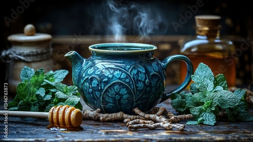 Wallpaper Mural Steaming herbal tea in teal teapot, surrounded by mint and roots Torontodigital.ca
