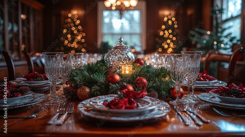 Festive Christmas dinner table setting with elegant tableware, centerpiece, and soft lighting.