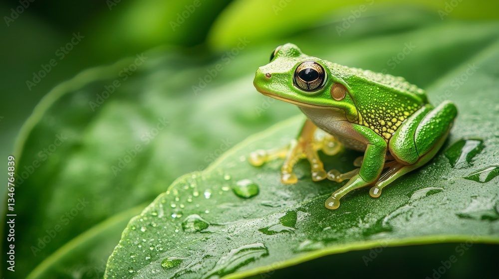 Vibrant green frog perched on a dew-kissed leaf. Vibrant green frog perched on a dew-kissed leaf.