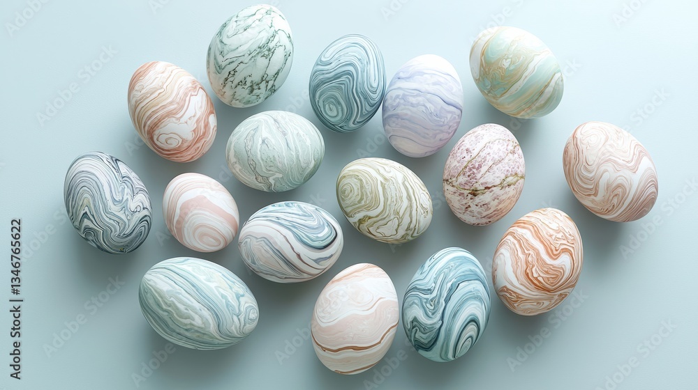 Elegant easter eggs resting on pale blue fabric with marble patterns Elegant easter eggs resting on pale blue fabric with marble patterns