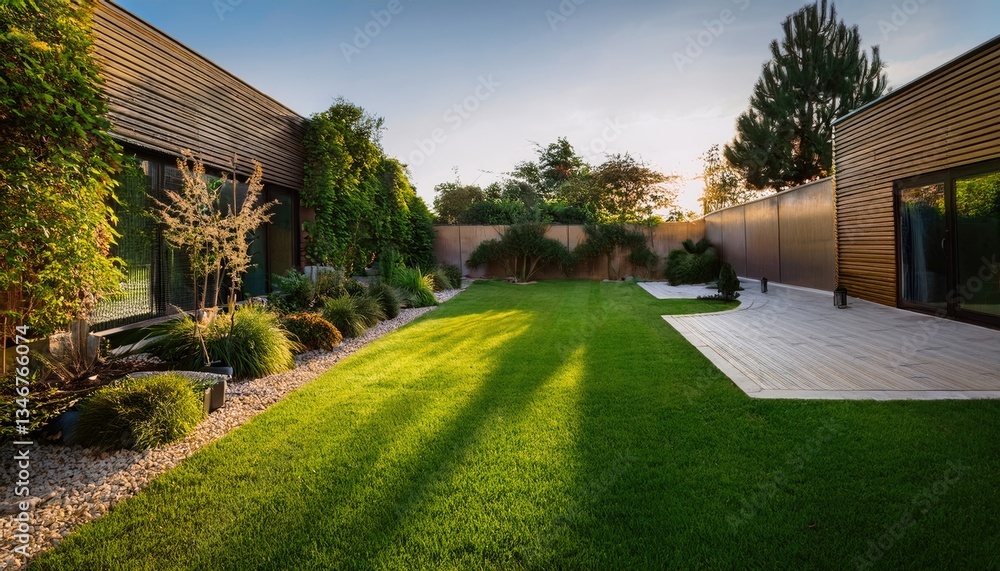 Modern backyard with perfectly manicured lawn, ideal for landscape and home design inspiration Modern backyard with perfectly manicured lawn, ideal for landscape and home design inspiration