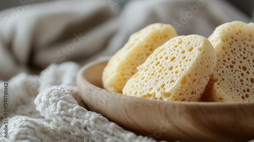 Eco-friendly Life with Natural Organic Sponges in a Wooden Bowl